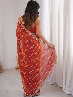 Orange embellished embroidered satin designer saree 2