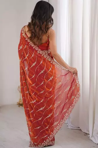 Orange embellished embroidered satin designer saree
