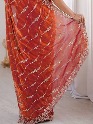 Orange embellished embroidered satin designer saree 4