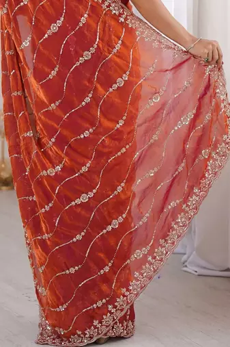 Orange embellished embroidered satin designer saree
