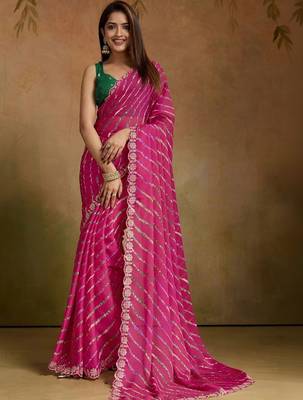 Pink leheriya embroidered poly chiffon designer leheriya saree 1