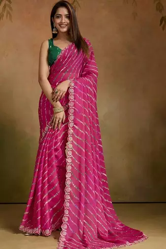 Pink leheriya embroidered poly chiffon designer leheriya saree