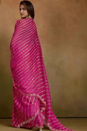 Pink leheriya embroidered poly chiffon designer leheriya saree