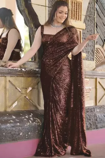 Brown embellished sequinned poly georgette designer saree