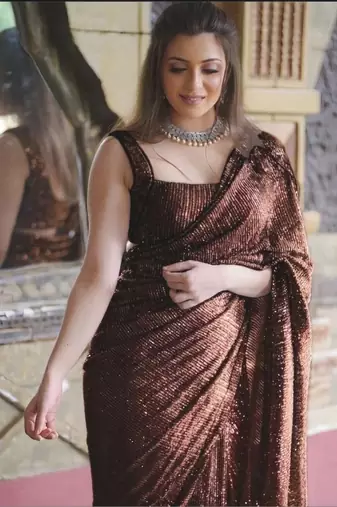 Brown embellished sequinned poly georgette designer saree