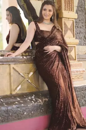 Brown embellished sequinned poly georgette designer saree
