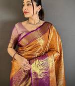 gold woven design zari silk blend kanjeevaram saree