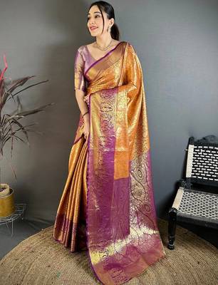 gold woven design zari silk blend kanjeevaram saree 2
