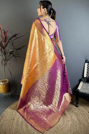 gold woven design zari silk blend kanjeevaram saree
