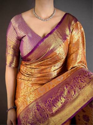 gold woven design zari silk blend kanjeevaram saree 4