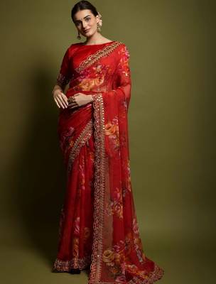 red floral embroidered pure chiffon saree 1