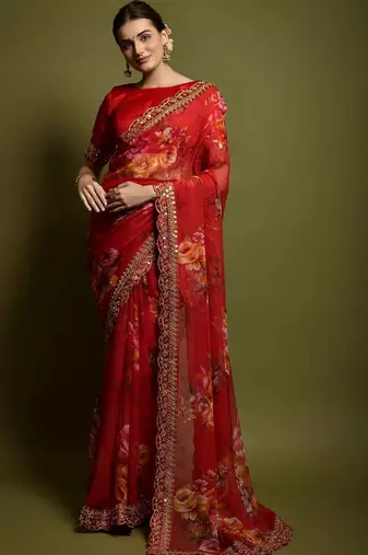 red floral embroidered pure chiffon saree