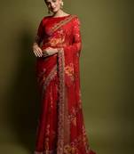 red floral embroidered pure chiffon saree