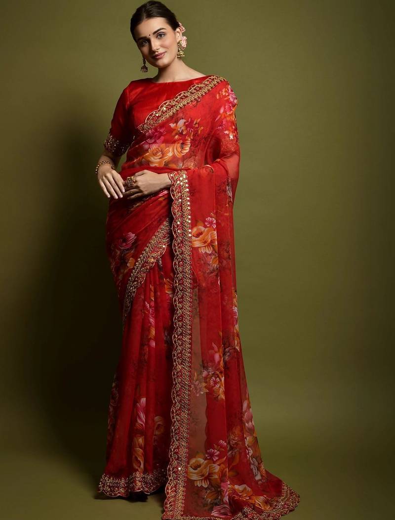 red floral embroidered pure chiffon saree