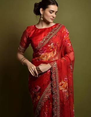 red floral embroidered pure chiffon saree 2