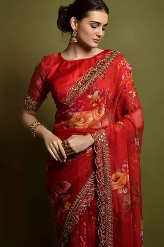 red floral embroidered pure chiffon saree