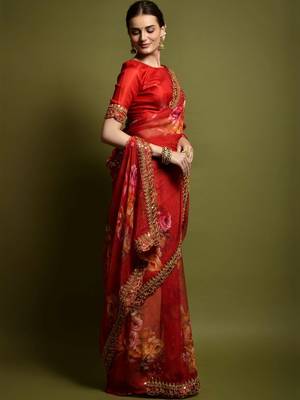 red floral embroidered pure chiffon saree 3