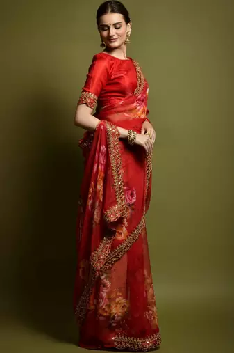 red floral embroidered pure chiffon saree