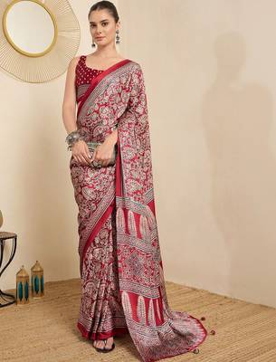 Red ethnic motifs block print ready to wear saree 1