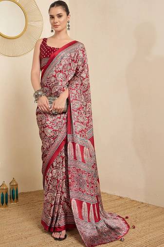 Red ethnic motifs block print ready to wear saree