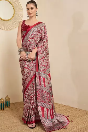 Red ethnic motifs block print ready to wear saree