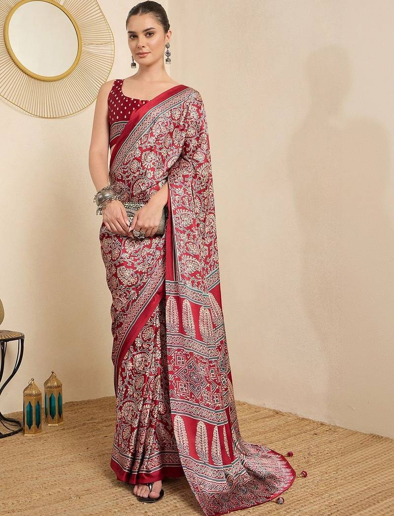 Red ethnic motifs block print ready to wear saree