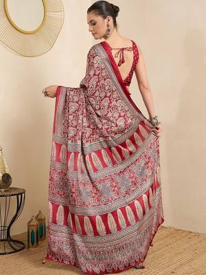 Red ethnic motifs block print ready to wear saree 2