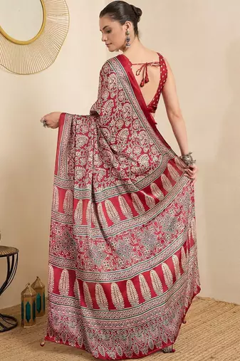 Red ethnic motifs block print ready to wear saree
