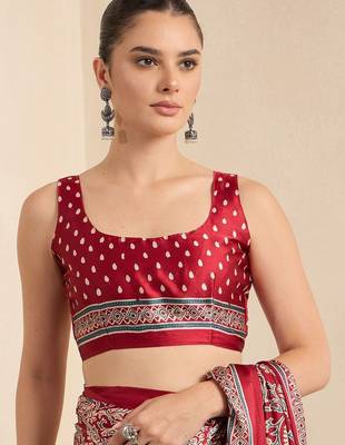 Red ethnic motifs block print ready to wear saree 3