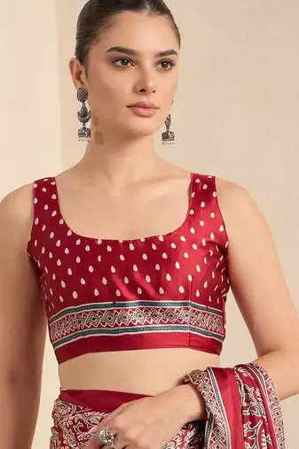 Red ethnic motifs block print ready to wear saree