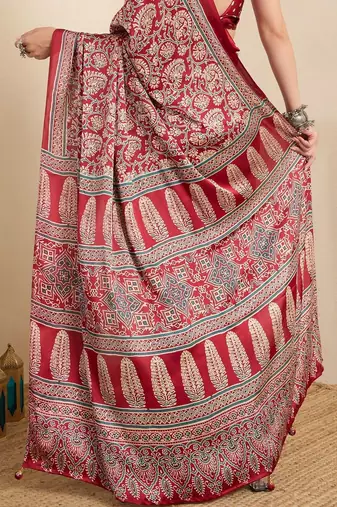 Red ethnic motifs block print ready to wear saree