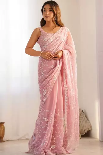 pink embellished sequinned silk blend designer saree