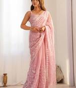 pink embellished sequinned silk blend designer saree