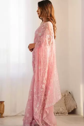 pink embellished sequinned silk blend designer saree