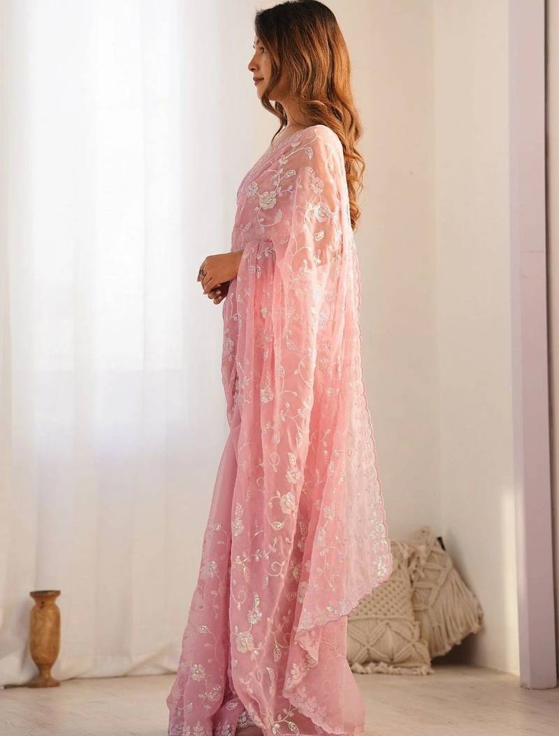 pink embellished sequinned silk blend designer saree