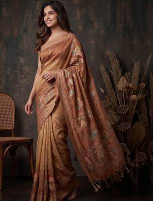 Copper floral silk blend designer kanjeevaram saree 1
