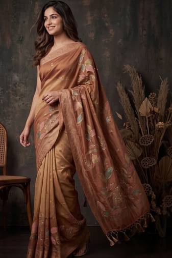 Copper floral silk blend designer kanjeevaram saree