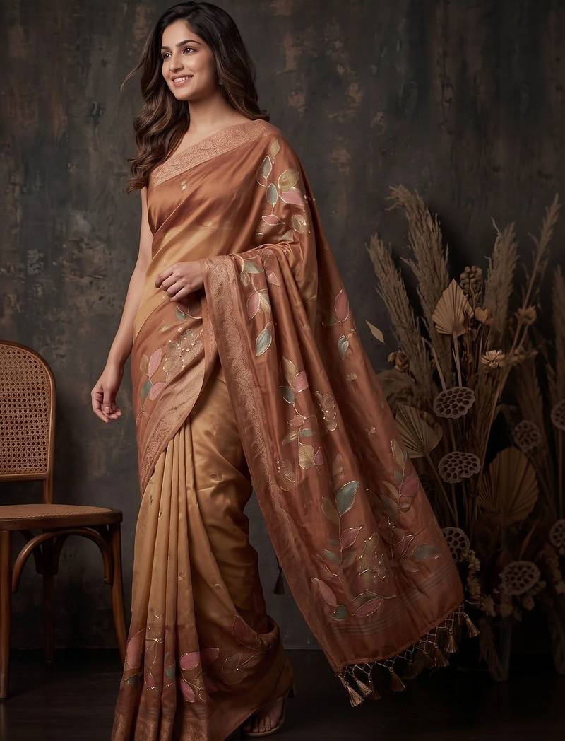 Copper floral silk blend designer kanjeevaram saree