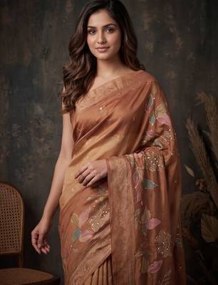 Copper floral silk blend designer kanjeevaram saree 4