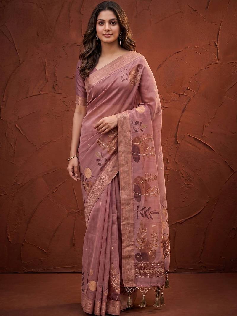 Pink floral zari silk blend designer kanjeevaram saree