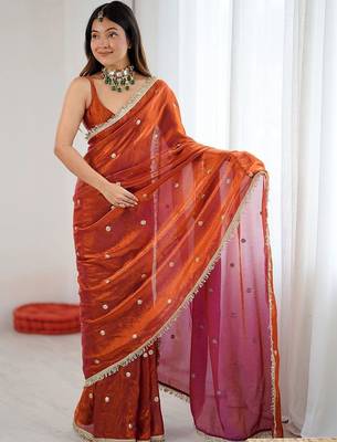 rust embellished embroidered satin designer saree 1