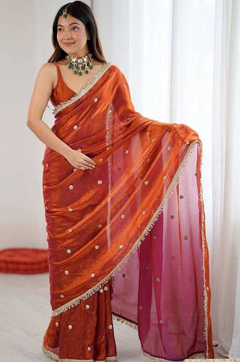 rust embellished embroidered satin designer saree