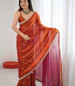 rust embellished embroidered satin designer saree