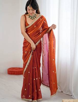 rust embellished embroidered satin designer saree 2