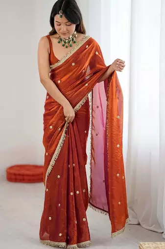 rust embellished embroidered satin designer saree