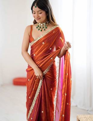 rust embellished embroidered satin designer saree 3