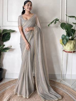 grey floral embroidered pure chiffon tussar saree 1