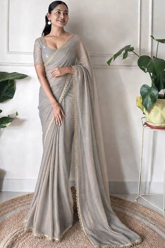 grey floral embroidered pure chiffon tussar saree