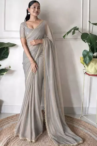 grey floral embroidered pure chiffon tussar saree
