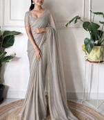 grey floral embroidered pure chiffon tussar saree